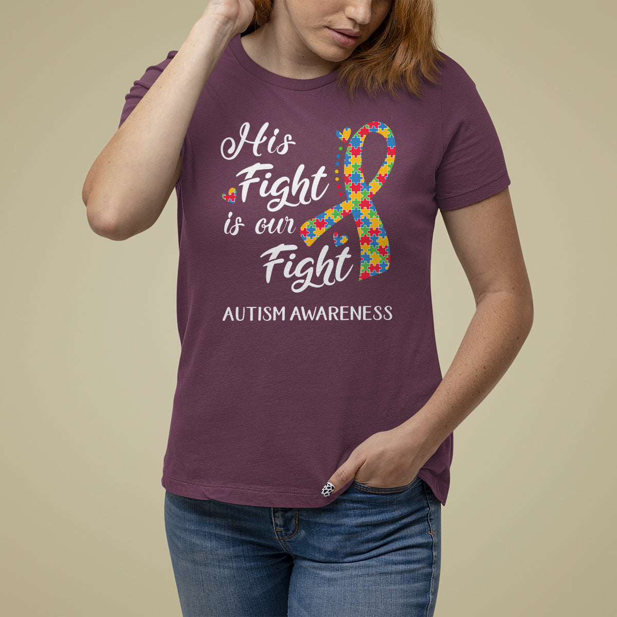 Autism Support T Shirt For Women His Fight is My Fight Jigsaw Puzzle Ribbon - Wonder Print Shop