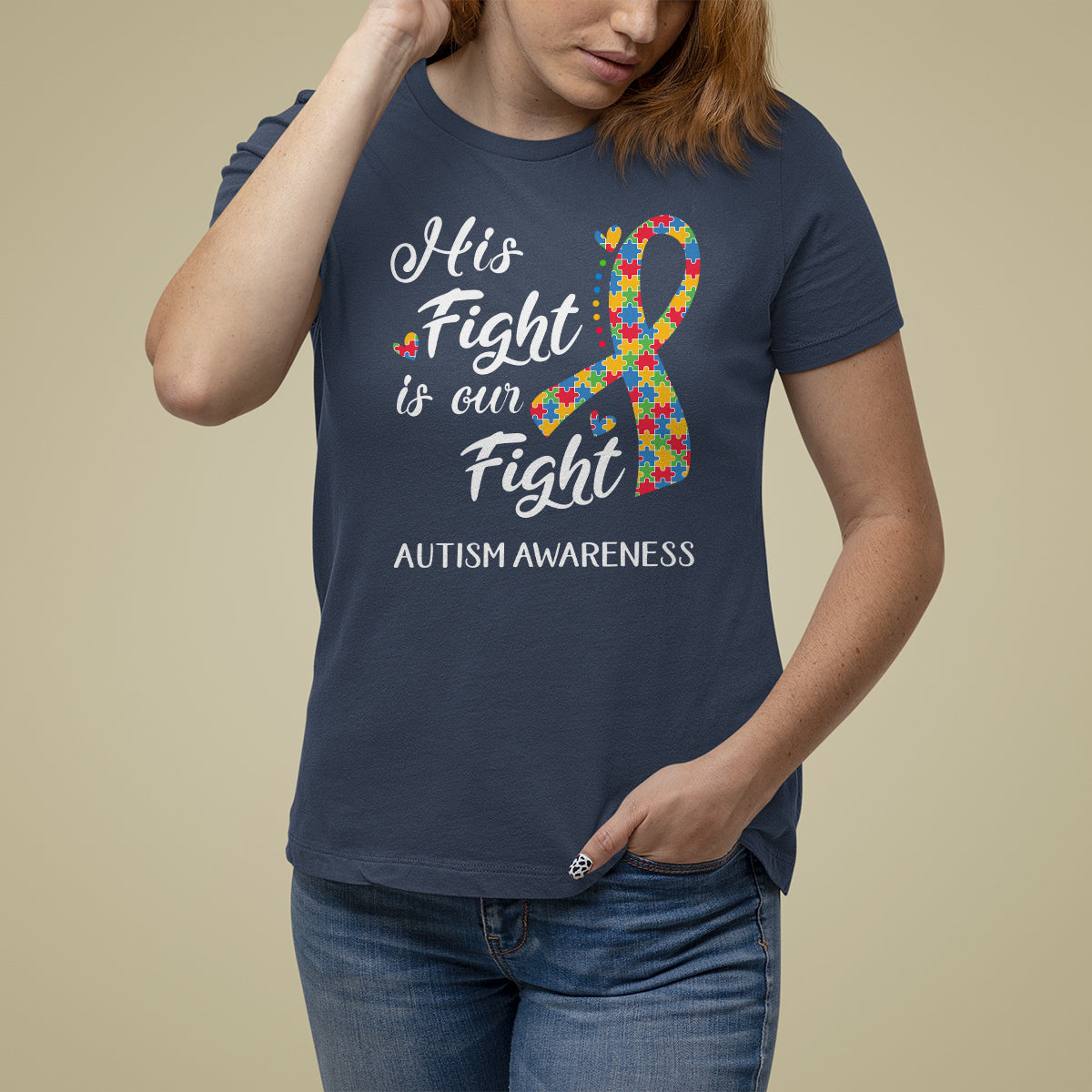Autism Support T Shirt For Women His Fight is My Fight Jigsaw Puzzle Ribbon - Wonder Print Shop