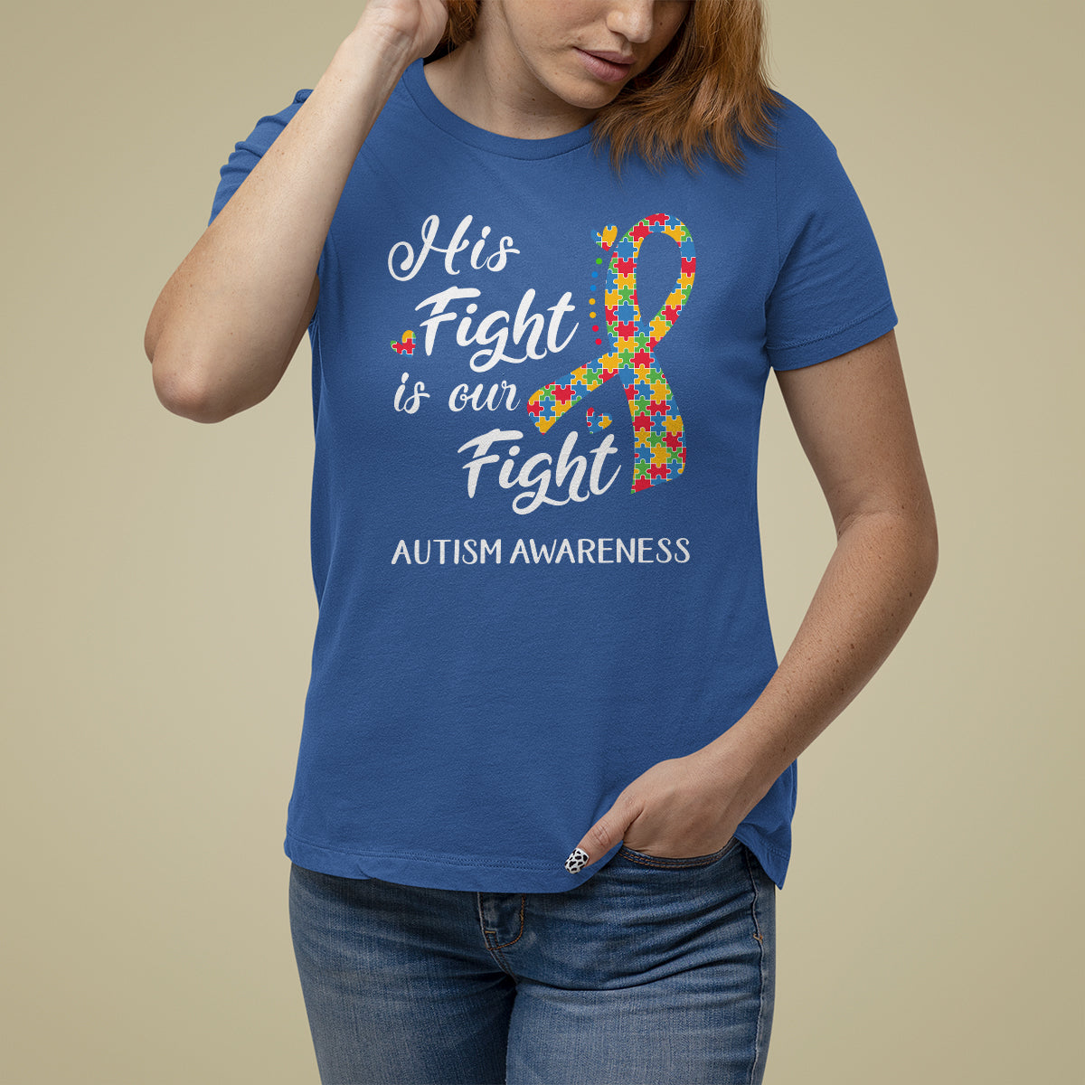 Autism Support T Shirt For Women His Fight is My Fight Jigsaw Puzzle Ribbon - Wonder Print Shop