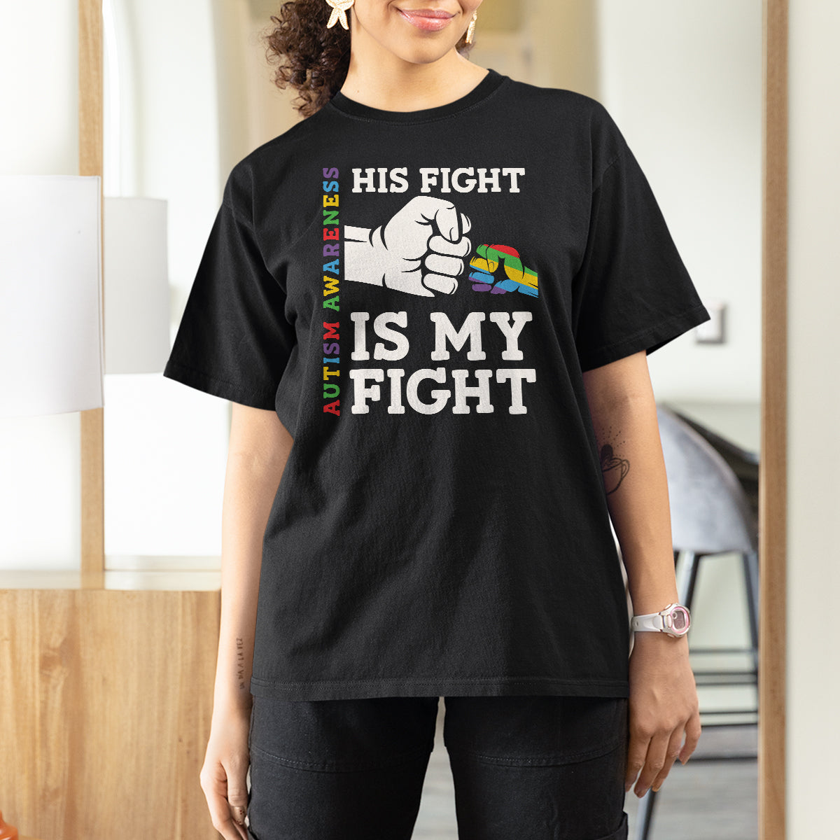 Autism Support T Shirt For Women His Fight is My Fight Hand Fist - Wonder Print Shop