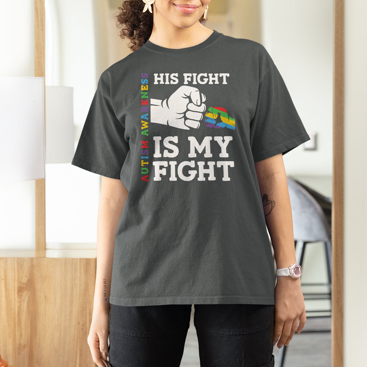 Autism Support T Shirt For Women His Fight is My Fight Hand Fist - Wonder Print Shop