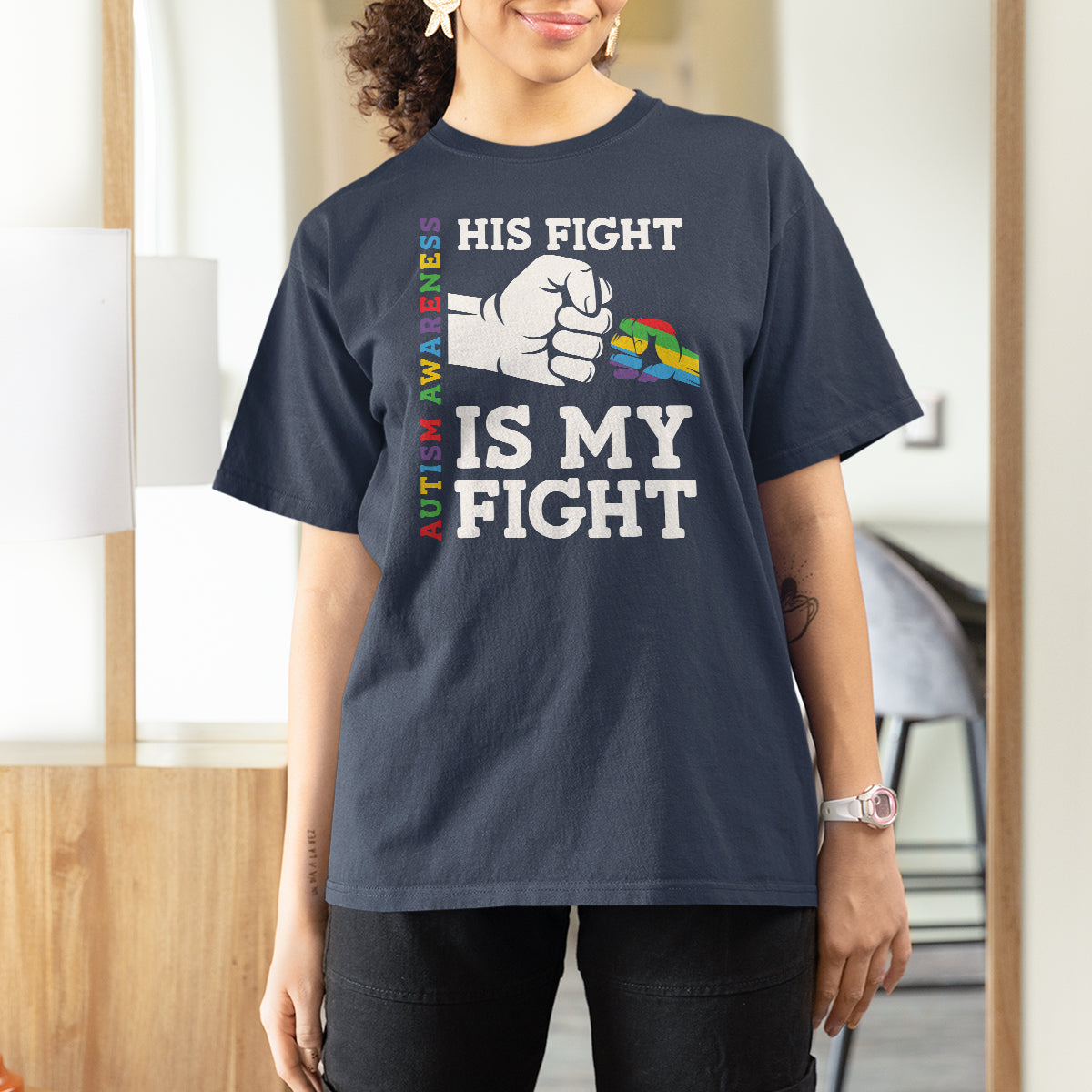 Autism Support T Shirt For Women His Fight is My Fight Hand Fist - Wonder Print Shop