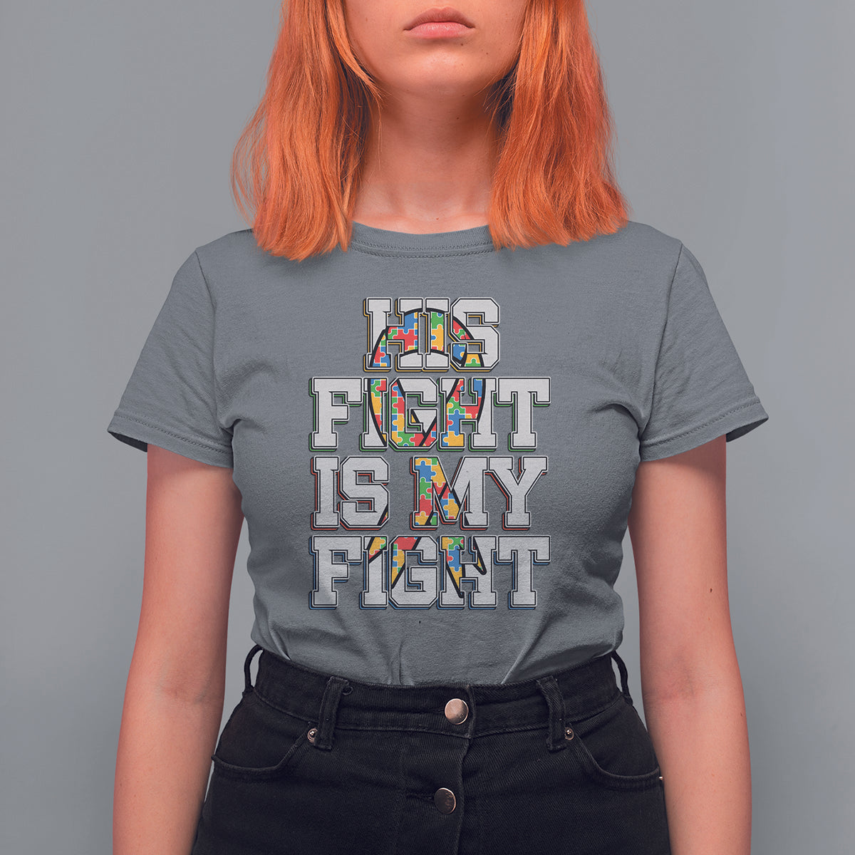 Autism Awarenees T Shirt For Women His Fight Is My Fight Puzzle Ribbon - Wonder Print Shop