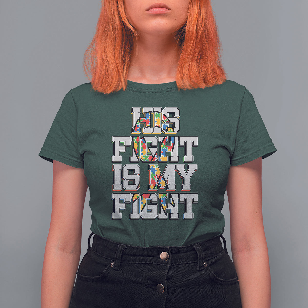Autism Awarenees T Shirt For Women His Fight Is My Fight Puzzle Ribbon - Wonder Print Shop