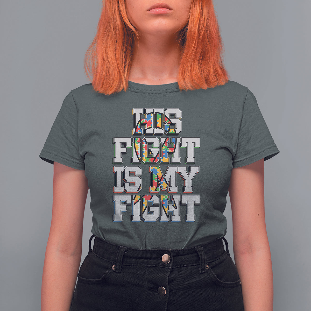 Autism Awarenees T Shirt For Women His Fight Is My Fight Puzzle Ribbon - Wonder Print Shop