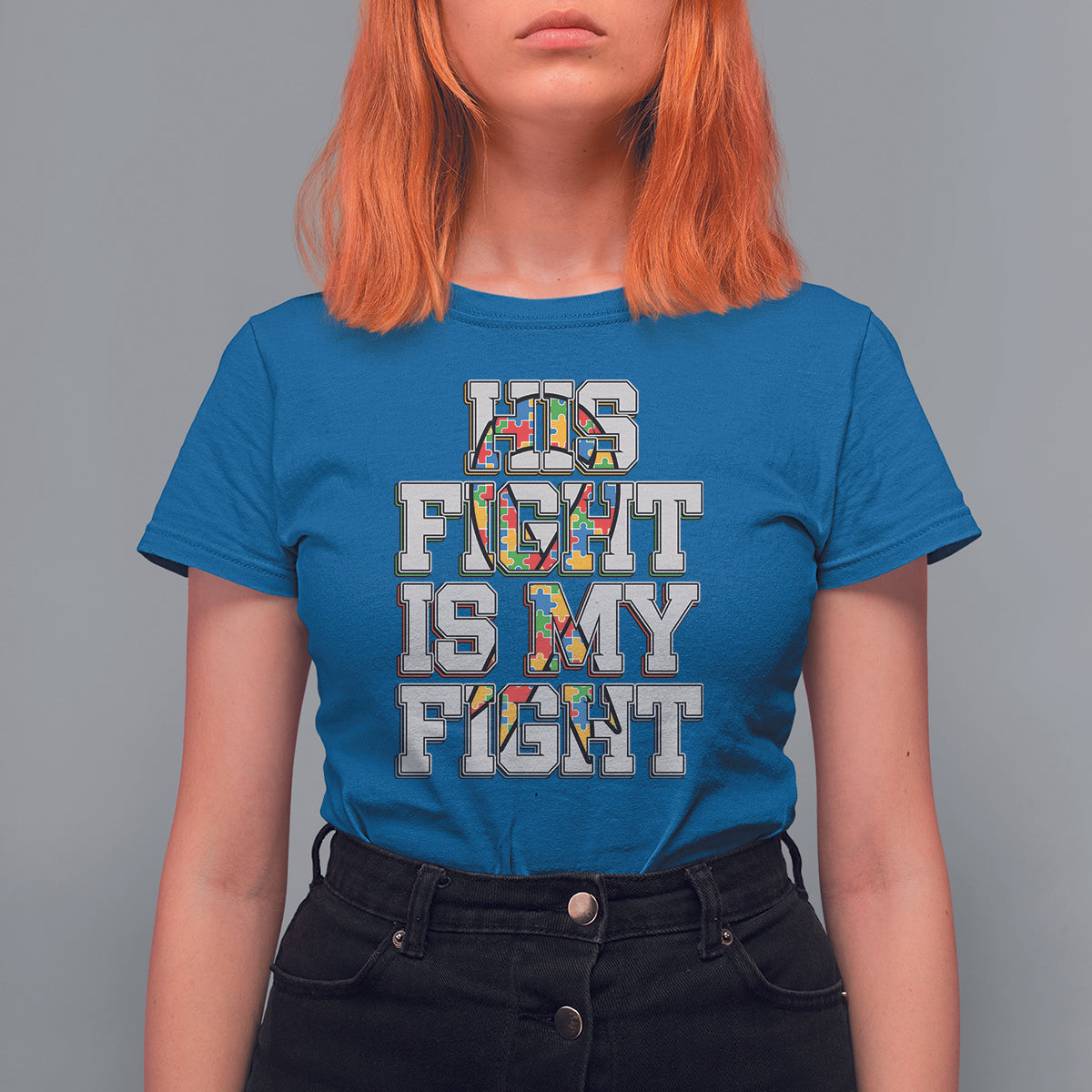 Autism Awarenees T Shirt For Women His Fight Is My Fight Puzzle Ribbon - Wonder Print Shop