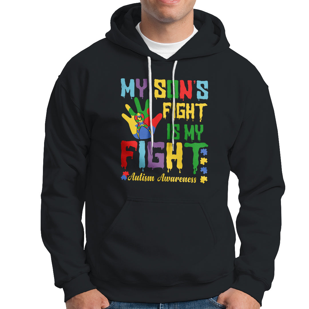 Autism Parents Hoodie My Son Fight Is My Fight Family Support Puzzle Ribbon - Wonder Print Shop
