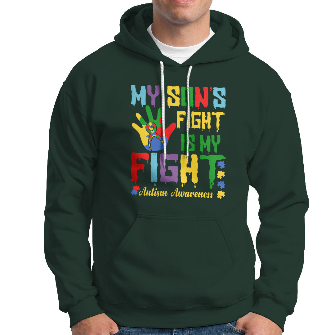 Autism Parents Hoodie My Son Fight Is My Fight Family Support Puzzle Ribbon - Wonder Print Shop