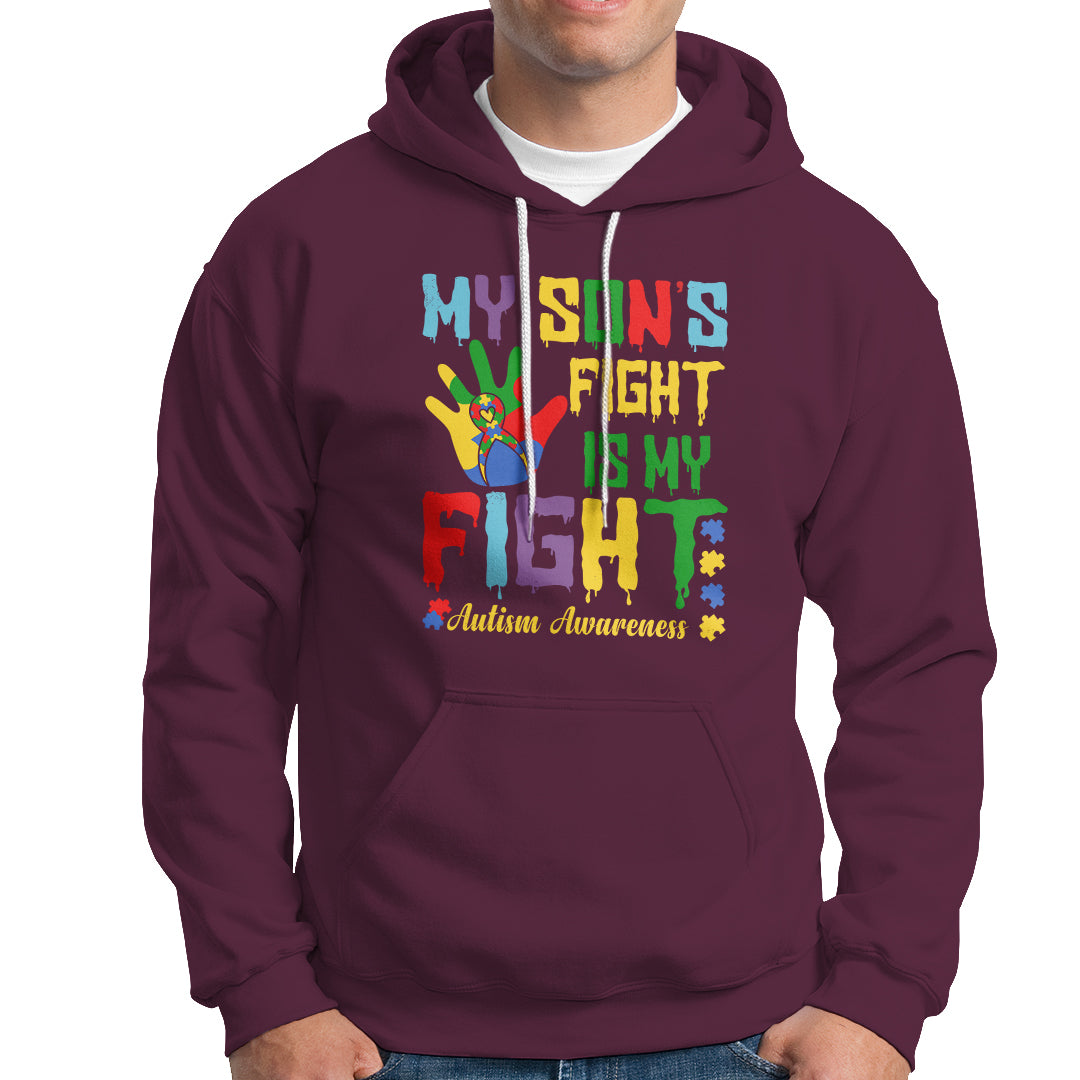 Autism Parents Hoodie My Son Fight Is My Fight Family Support Puzzle Ribbon - Wonder Print Shop