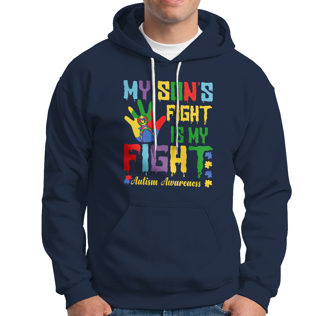 Autism Parents Hoodie My Son Fight Is My Fight Family Support Puzzle Ribbon - Wonder Print Shop