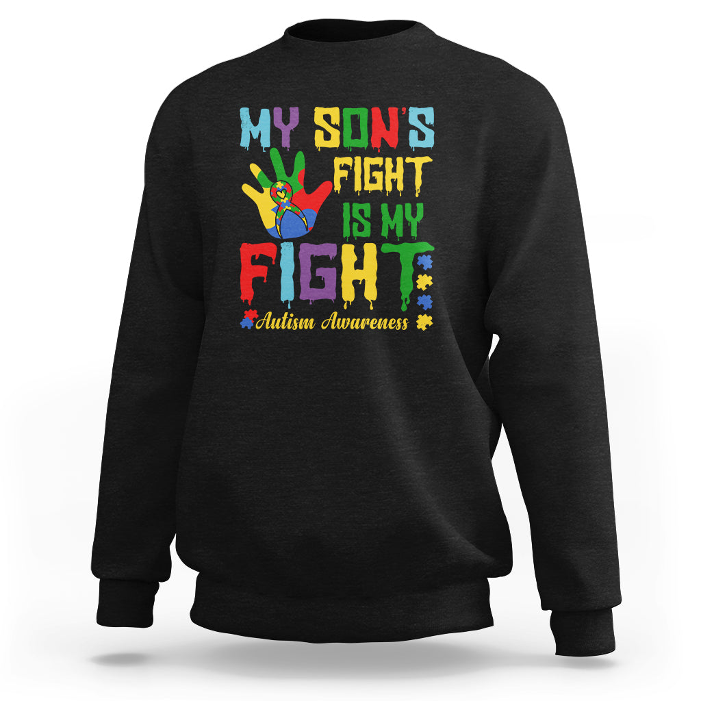 Autism Parents Sweatshirt My Son Fight Is My Fight Family Support Puzzle Ribbon - Wonder Print Shop