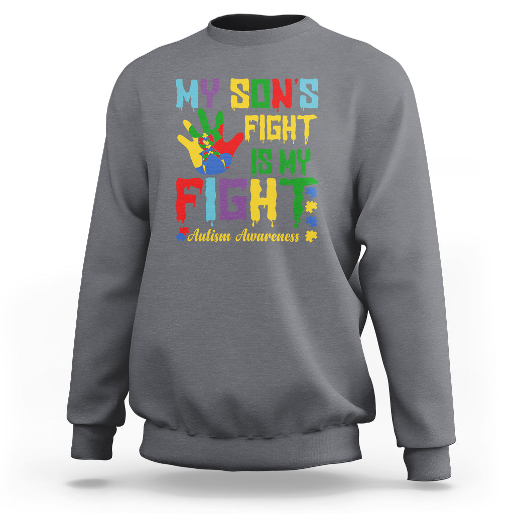 Autism Parents Sweatshirt My Son Fight Is My Fight Family Support Puzzle Ribbon - Wonder Print Shop