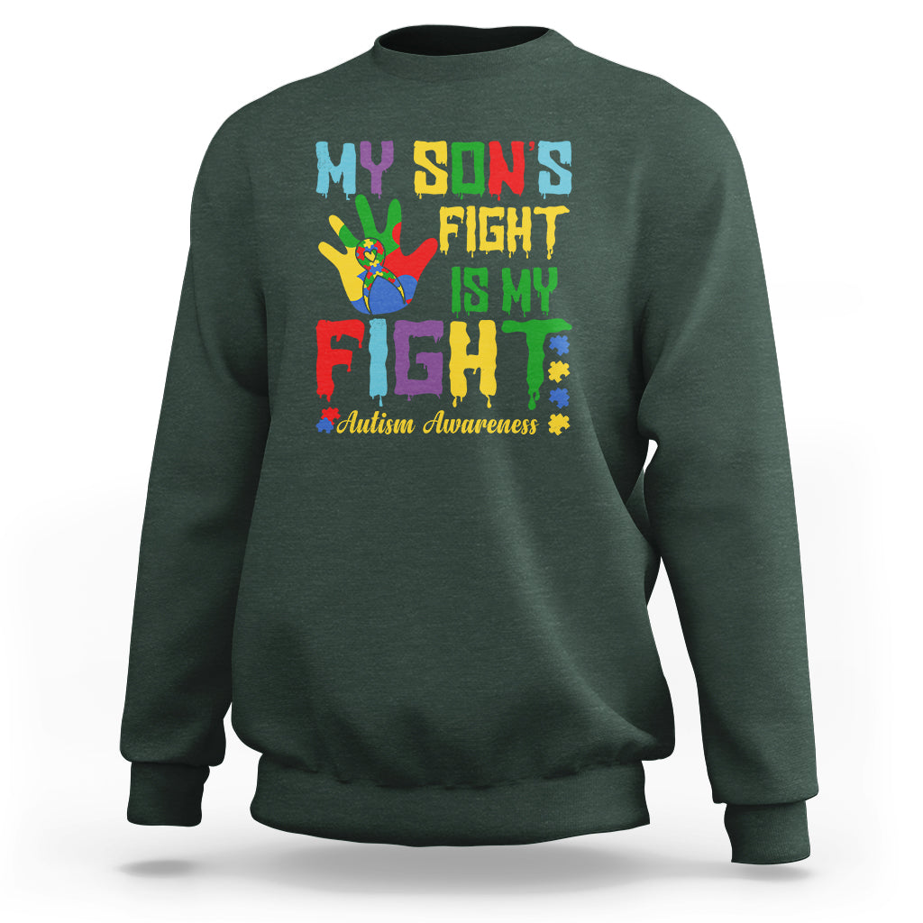 Autism Parents Sweatshirt My Son Fight Is My Fight Family Support Puzzle Ribbon - Wonder Print Shop