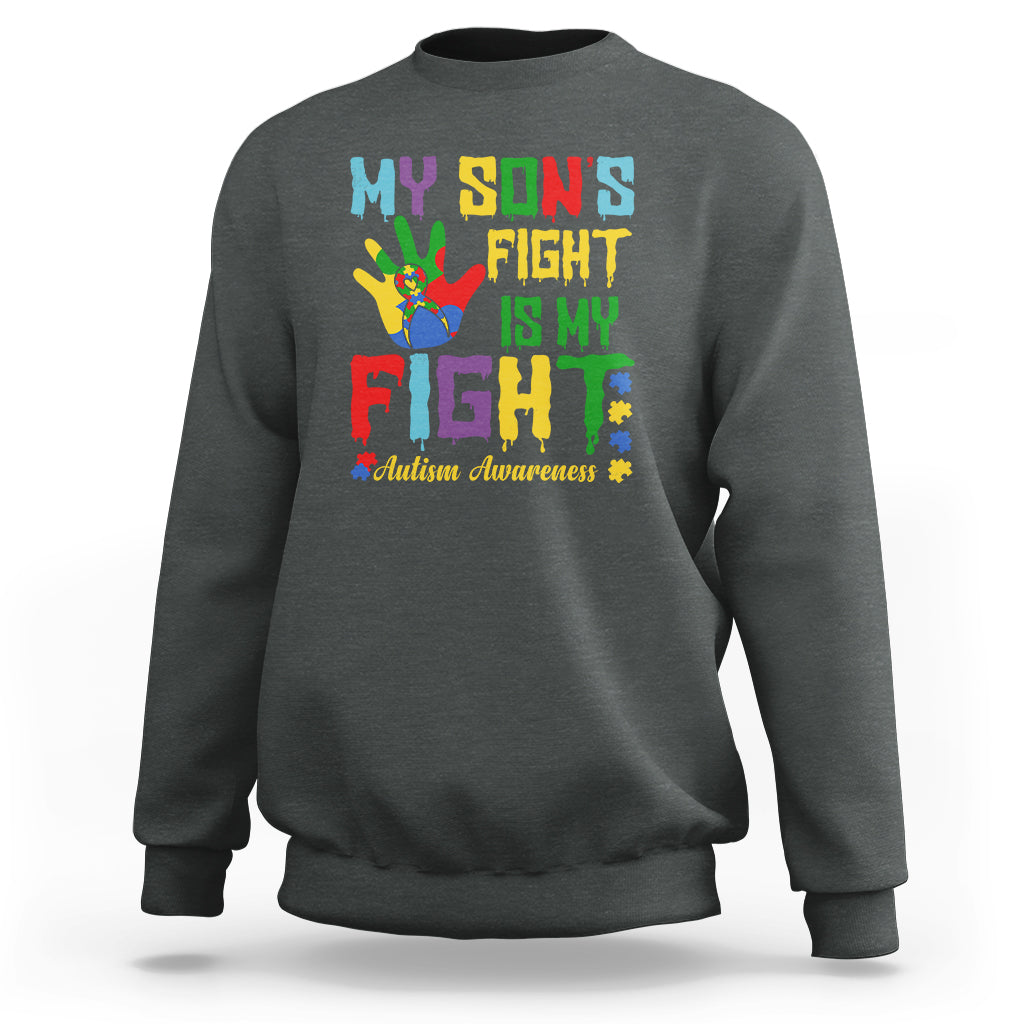 Autism Parents Sweatshirt My Son Fight Is My Fight Family Support Puzzle Ribbon - Wonder Print Shop