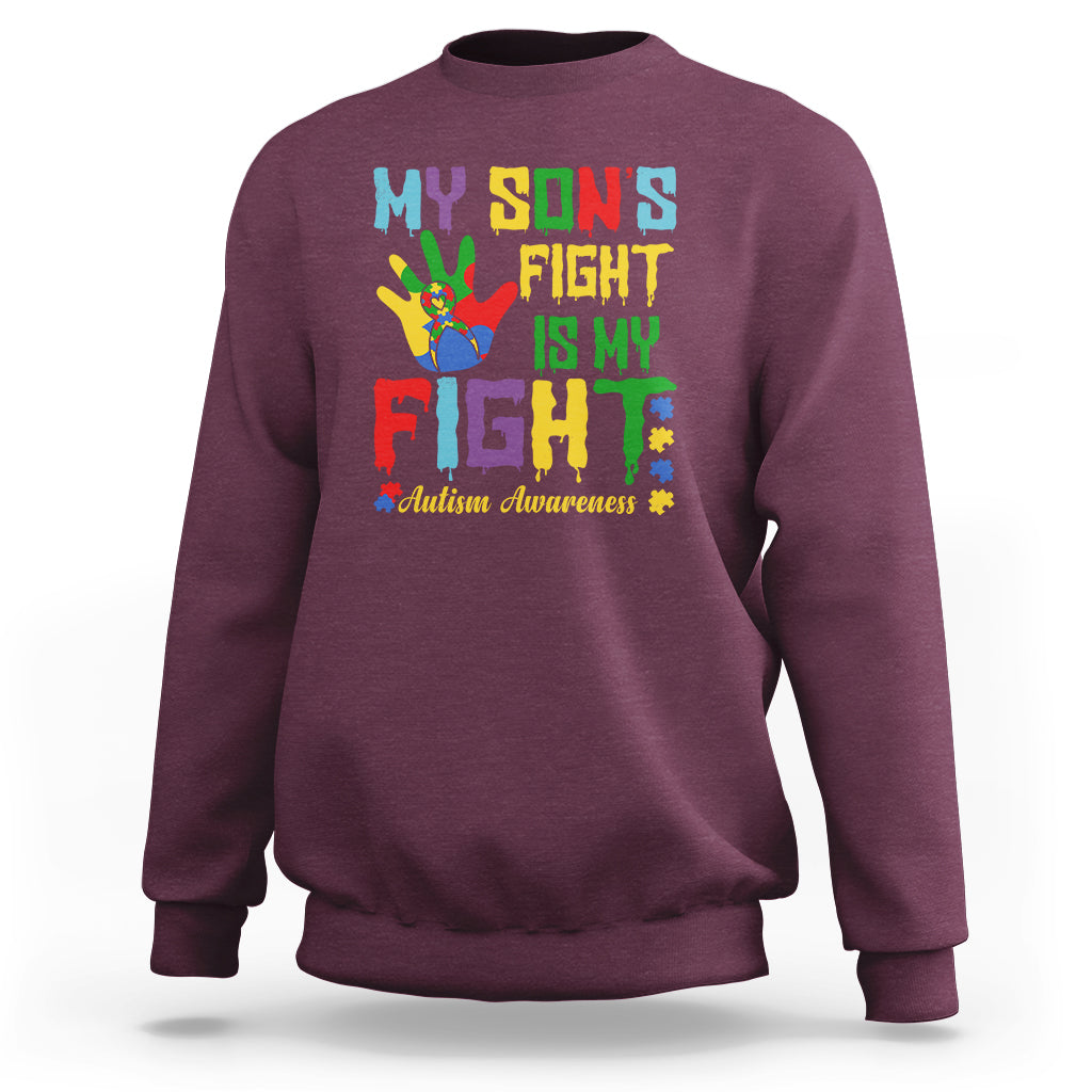 Autism Parents Sweatshirt My Son Fight Is My Fight Family Support Puzzle Ribbon - Wonder Print Shop