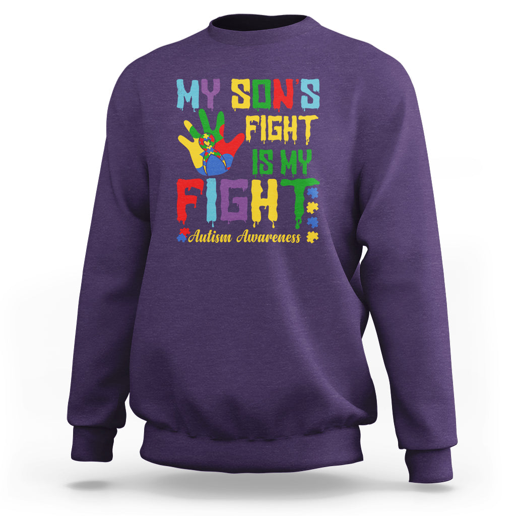 Autism Parents Sweatshirt My Son Fight Is My Fight Family Support Puzzle Ribbon - Wonder Print Shop
