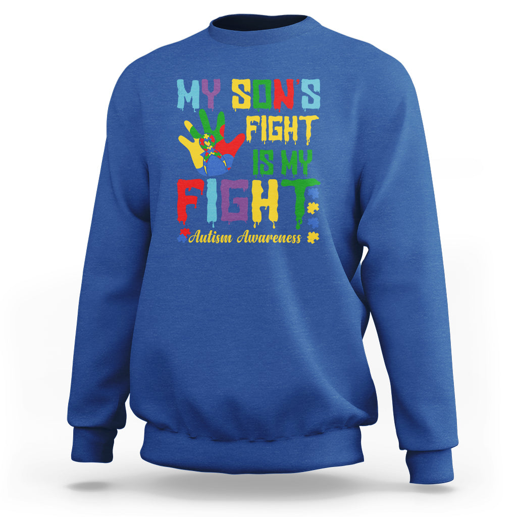 Autism Parents Sweatshirt My Son Fight Is My Fight Family Support Puzzle Ribbon - Wonder Print Shop