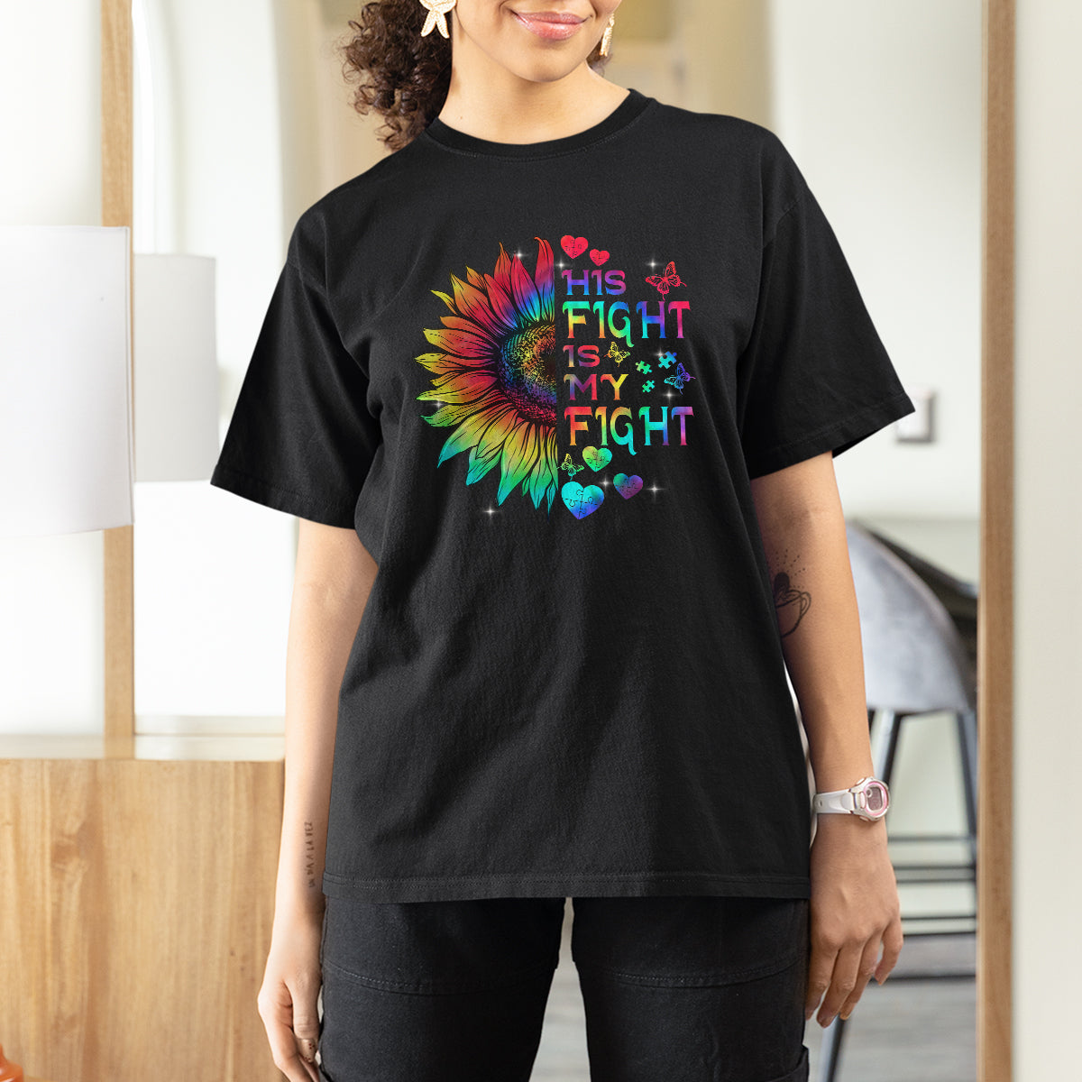 Sunflower Autism T Shirt For Women His Fight is My Fight Rainbow - Wonder Print Shop