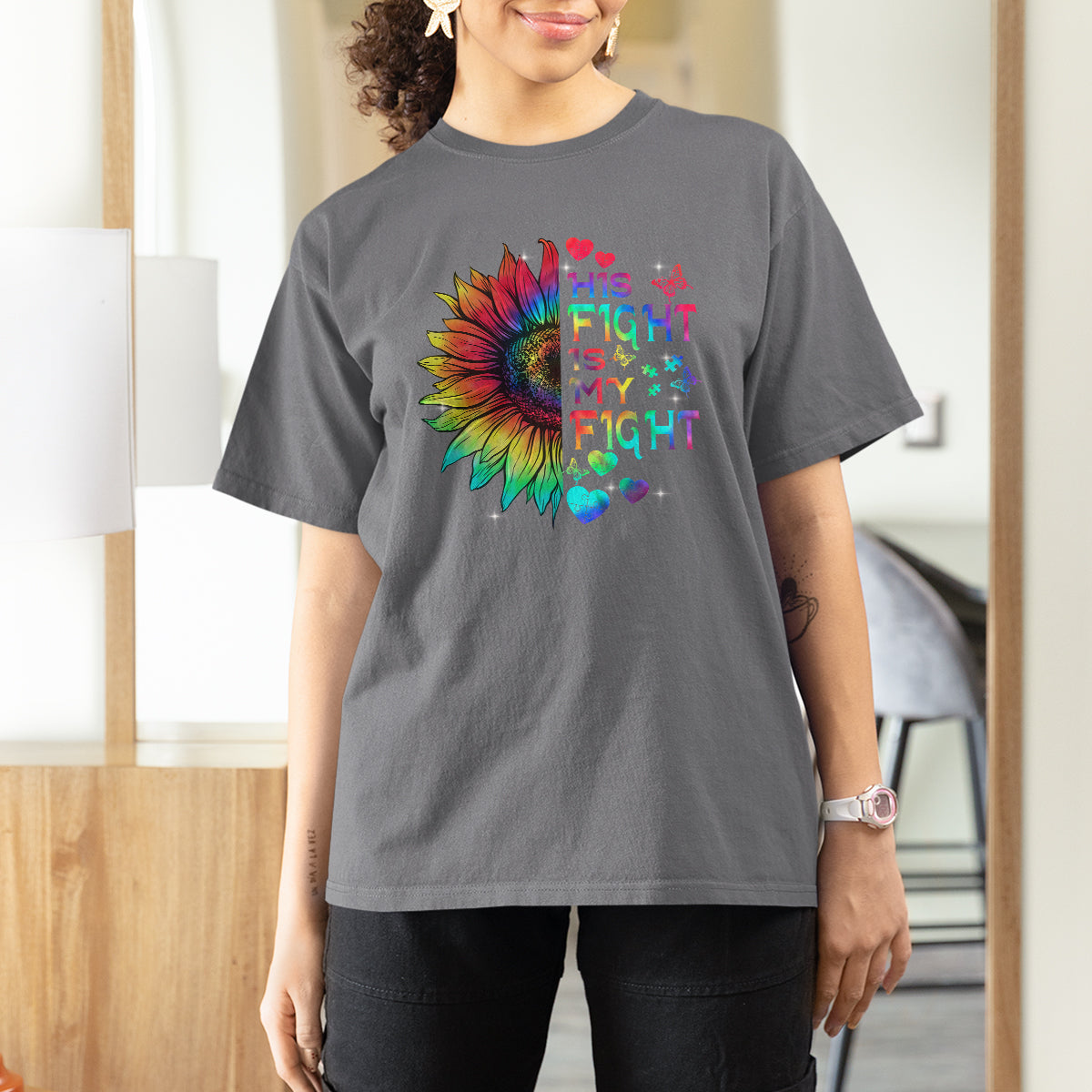 Sunflower Autism T Shirt For Women His Fight is My Fight Rainbow - Wonder Print Shop