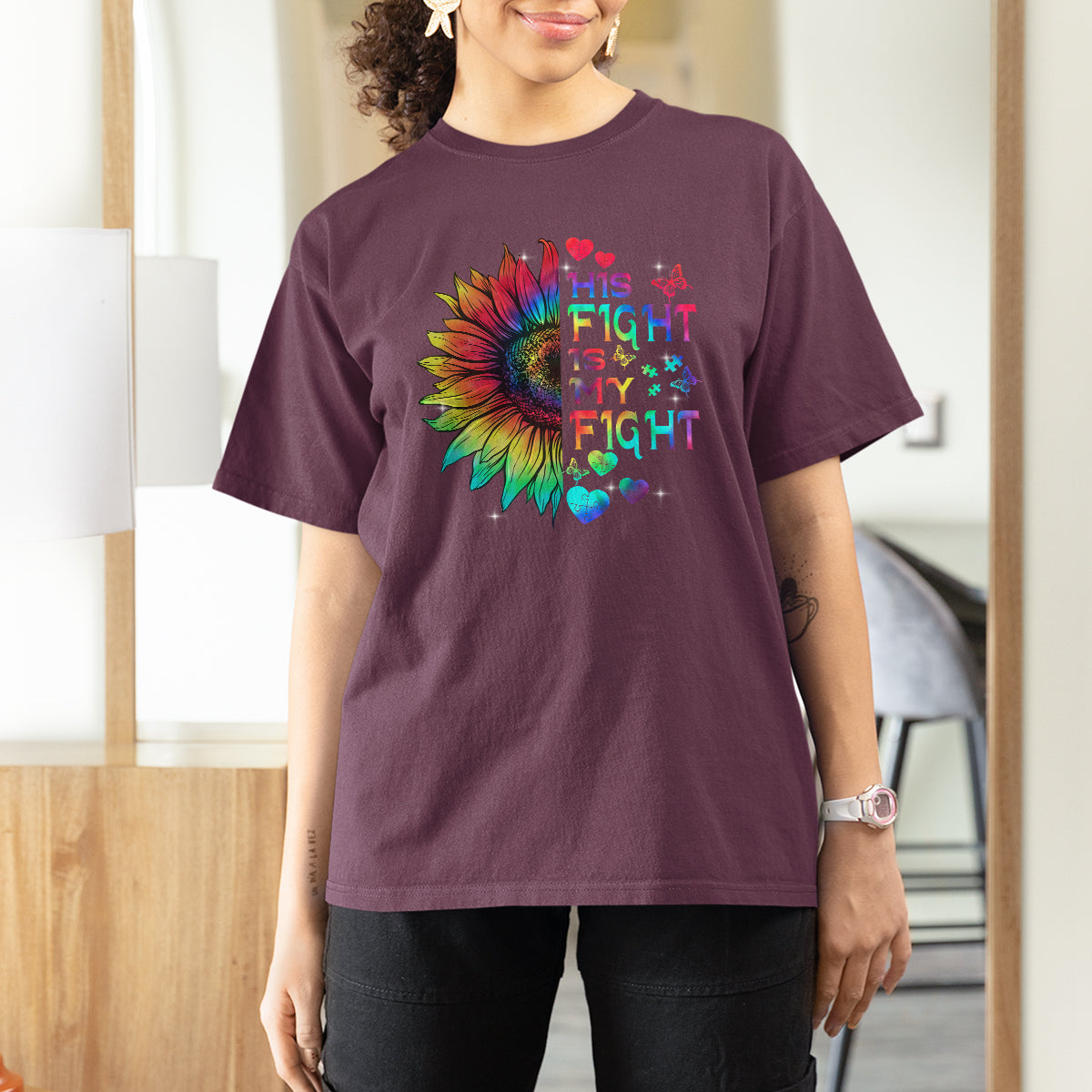 Sunflower Autism T Shirt For Women His Fight is My Fight Rainbow - Wonder Print Shop