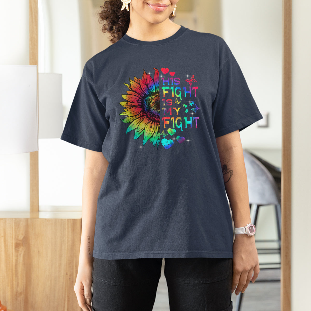Sunflower Autism T Shirt For Women His Fight is My Fight Rainbow - Wonder Print Shop