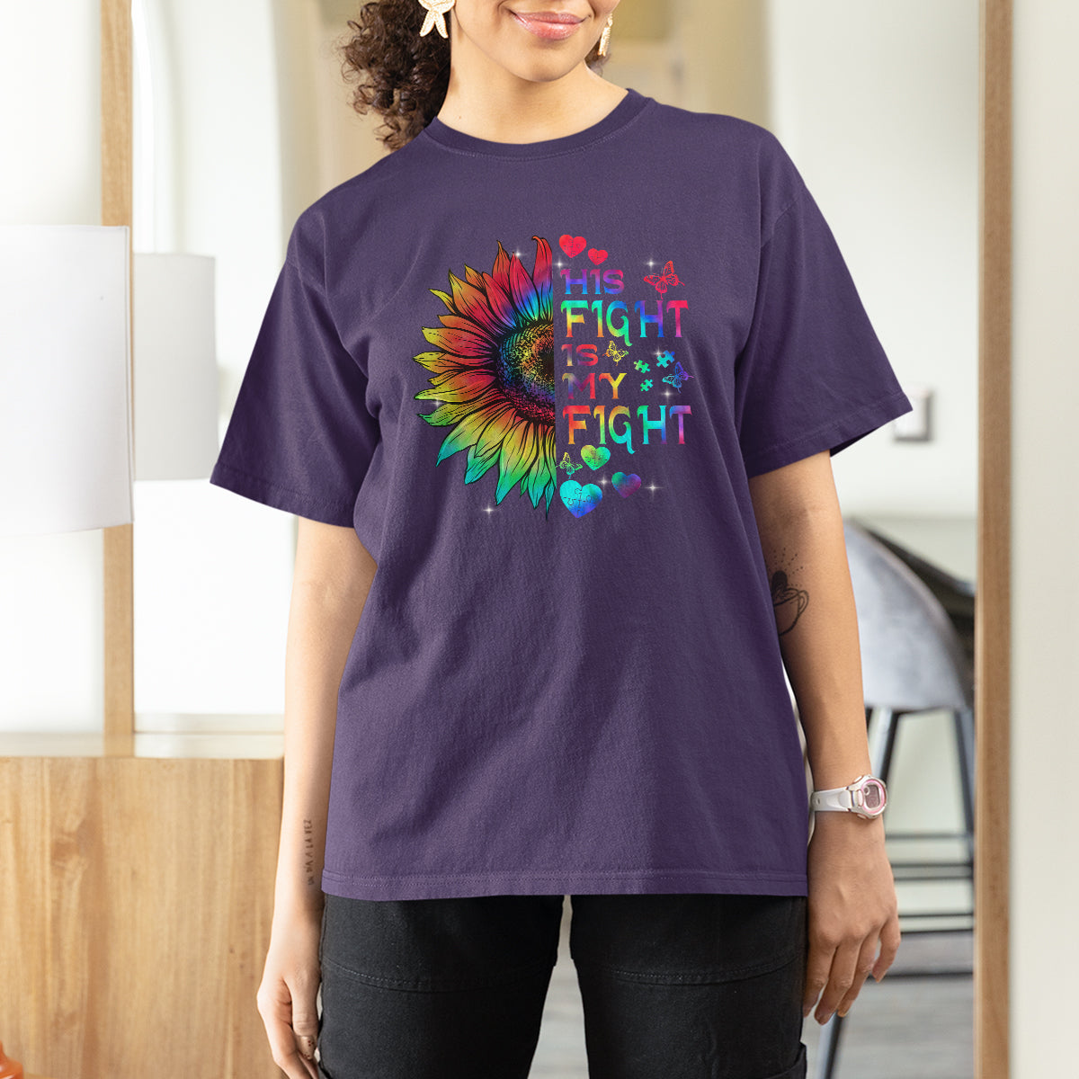 Sunflower Autism T Shirt For Women His Fight is My Fight Rainbow - Wonder Print Shop
