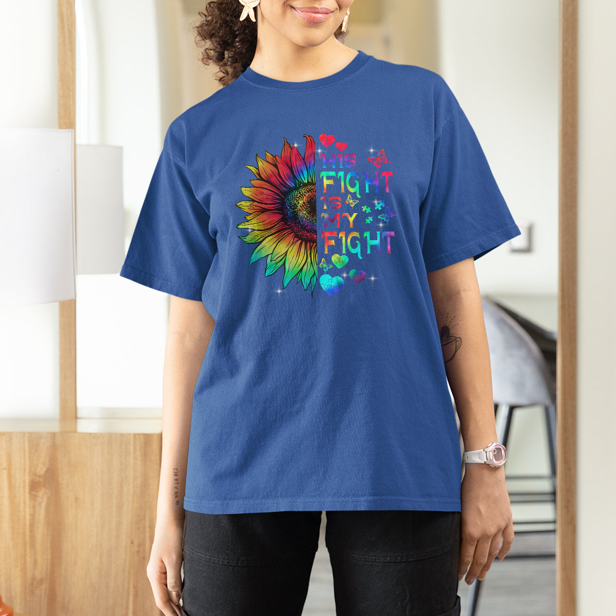 Sunflower Autism T Shirt For Women His Fight is My Fight Rainbow - Wonder Print Shop