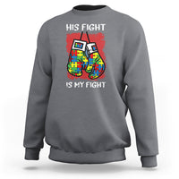 Autism Support Sweatshirt His Fight is My Fight Jigsaw Puzzle Boxing Gloves - Wonder Print Shop