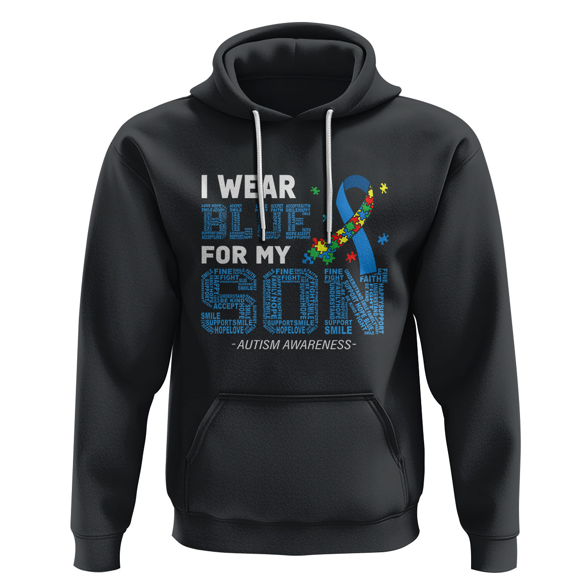 Autism Parents Hoodie I Wear Blue For My Son Family Support Puzzle Blue Ribbon - Wonder Print Shop