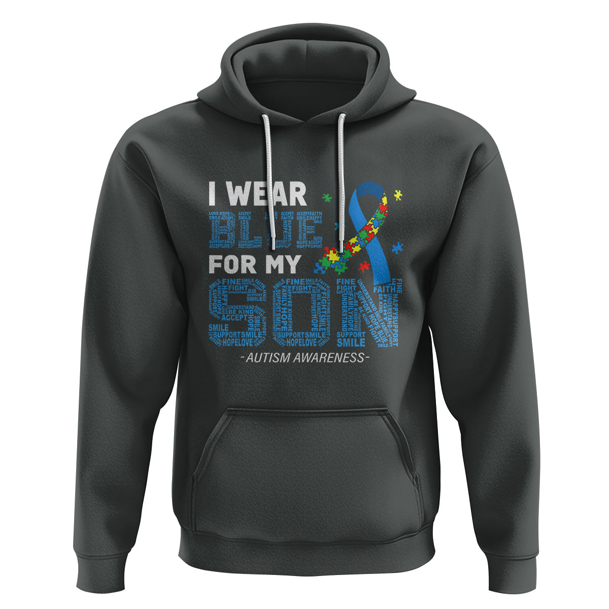 Autism Parents Hoodie I Wear Blue For My Son Family Support Puzzle Blue Ribbon - Wonder Print Shop