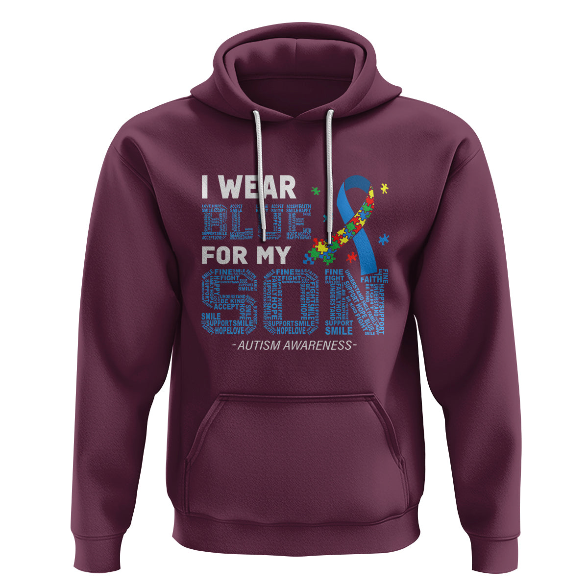 Autism Parents Hoodie I Wear Blue For My Son Family Support Puzzle Blue Ribbon - Wonder Print Shop
