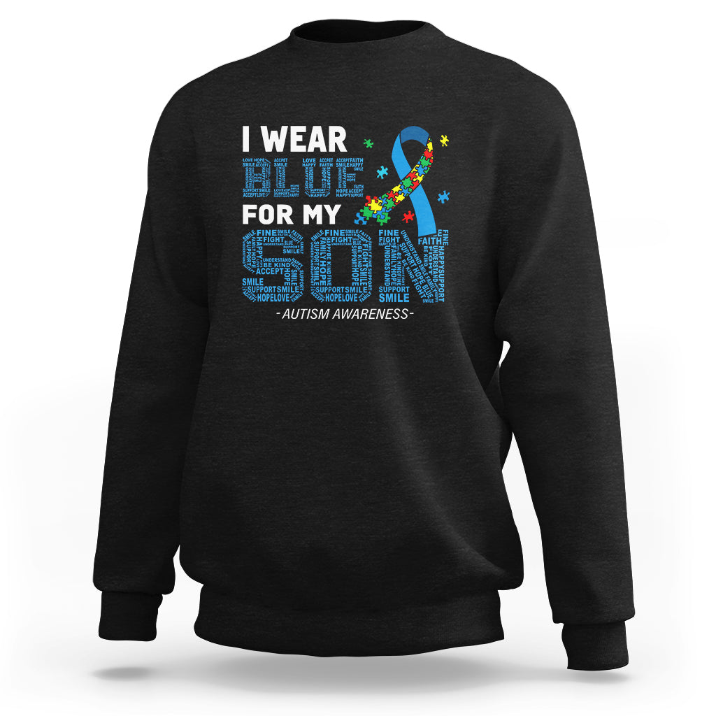 Autism Parents Sweatshirt I Wear Blue For My Son Family Support Puzzle Blue Ribbon - Wonder Print Shop