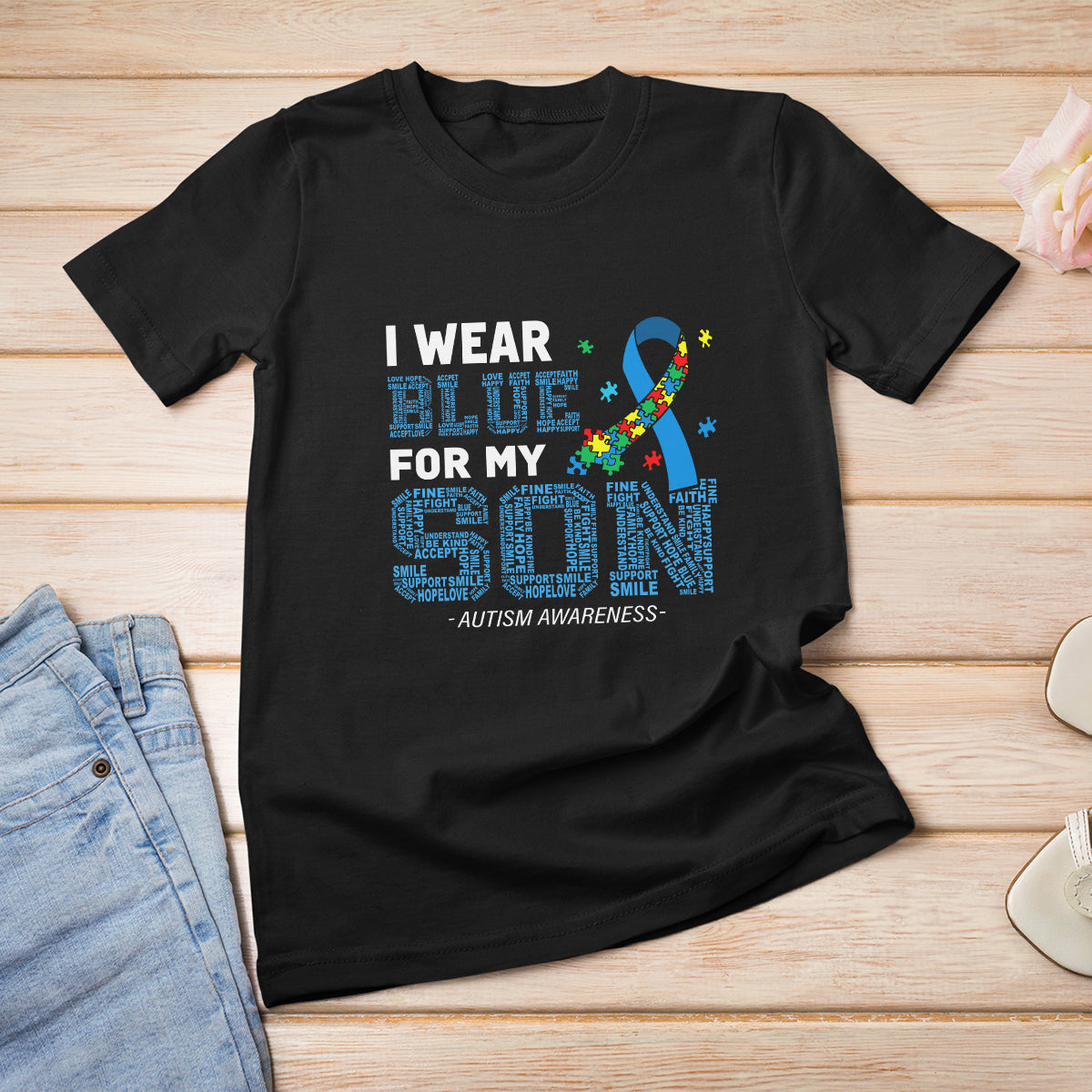Autism Parents T Shirt For Women I Wear Blue For My Son Family Support Puzzle Blue Ribbon - Wonder Print Shop