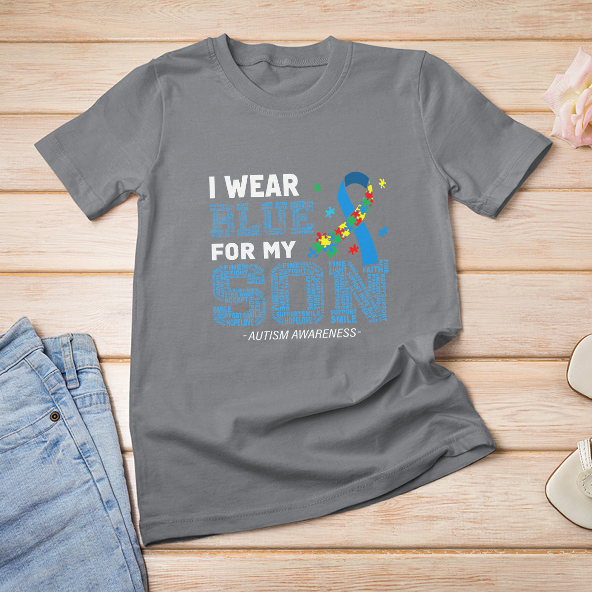 Autism Parents T Shirt For Women I Wear Blue For My Son Family Support Puzzle Blue Ribbon - Wonder Print Shop