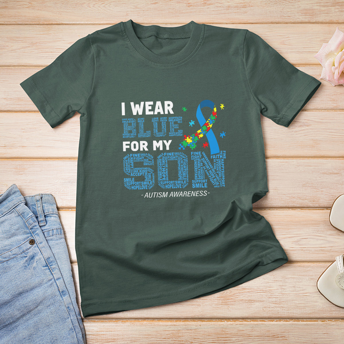 Autism Parents T Shirt For Women I Wear Blue For My Son Family Support Puzzle Blue Ribbon - Wonder Print Shop