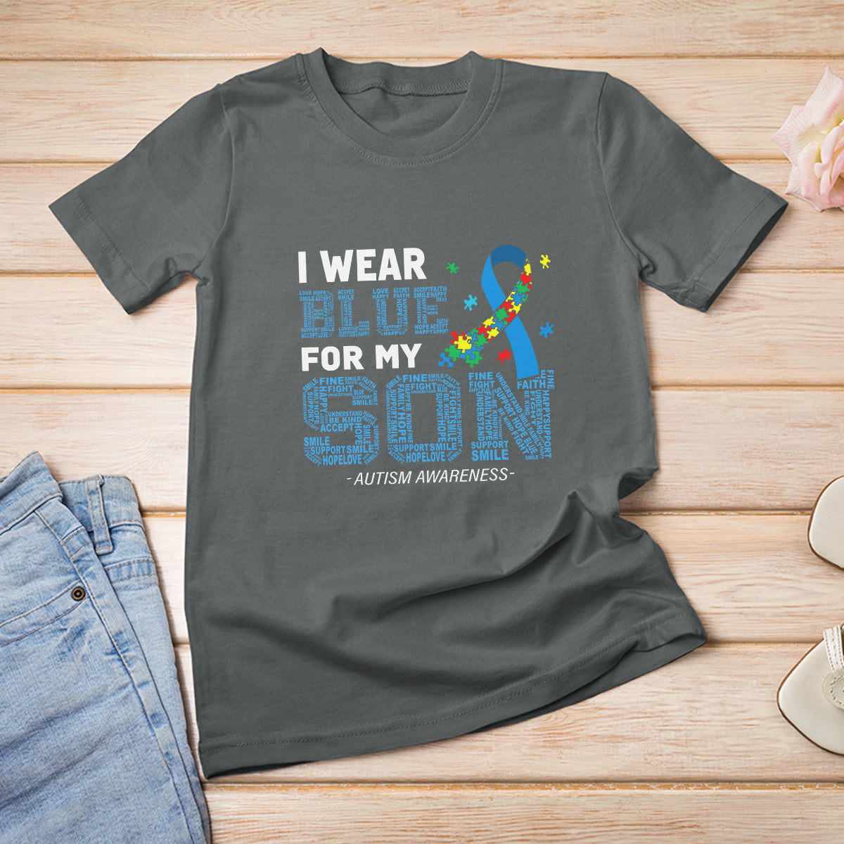 Autism Parents T Shirt For Women I Wear Blue For My Son Family Support Puzzle Blue Ribbon - Wonder Print Shop