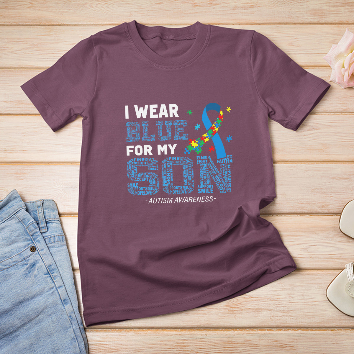 Autism Parents T Shirt For Women I Wear Blue For My Son Family Support Puzzle Blue Ribbon - Wonder Print Shop