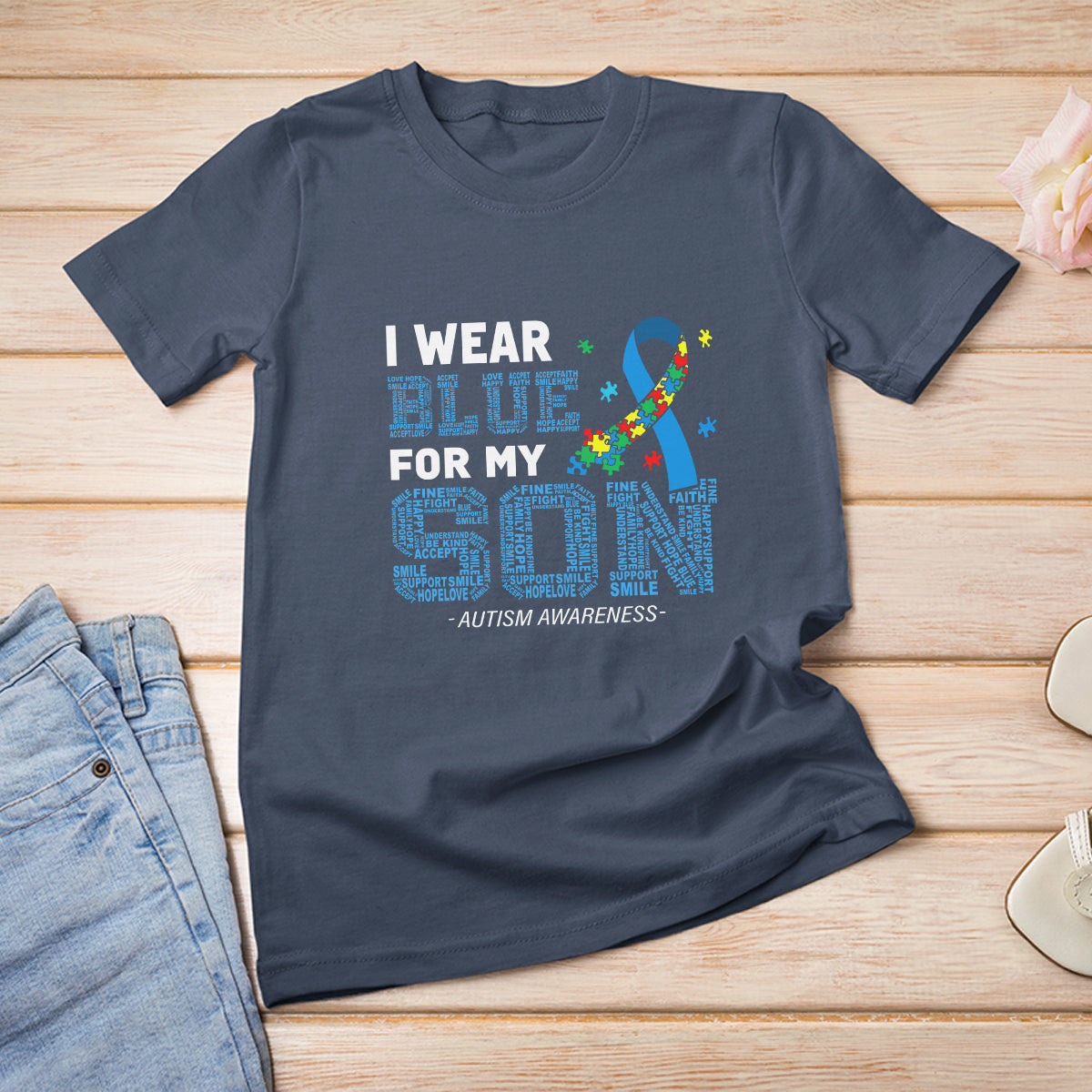 Autism Parents T Shirt For Women I Wear Blue For My Son Family Support Puzzle Blue Ribbon - Wonder Print Shop