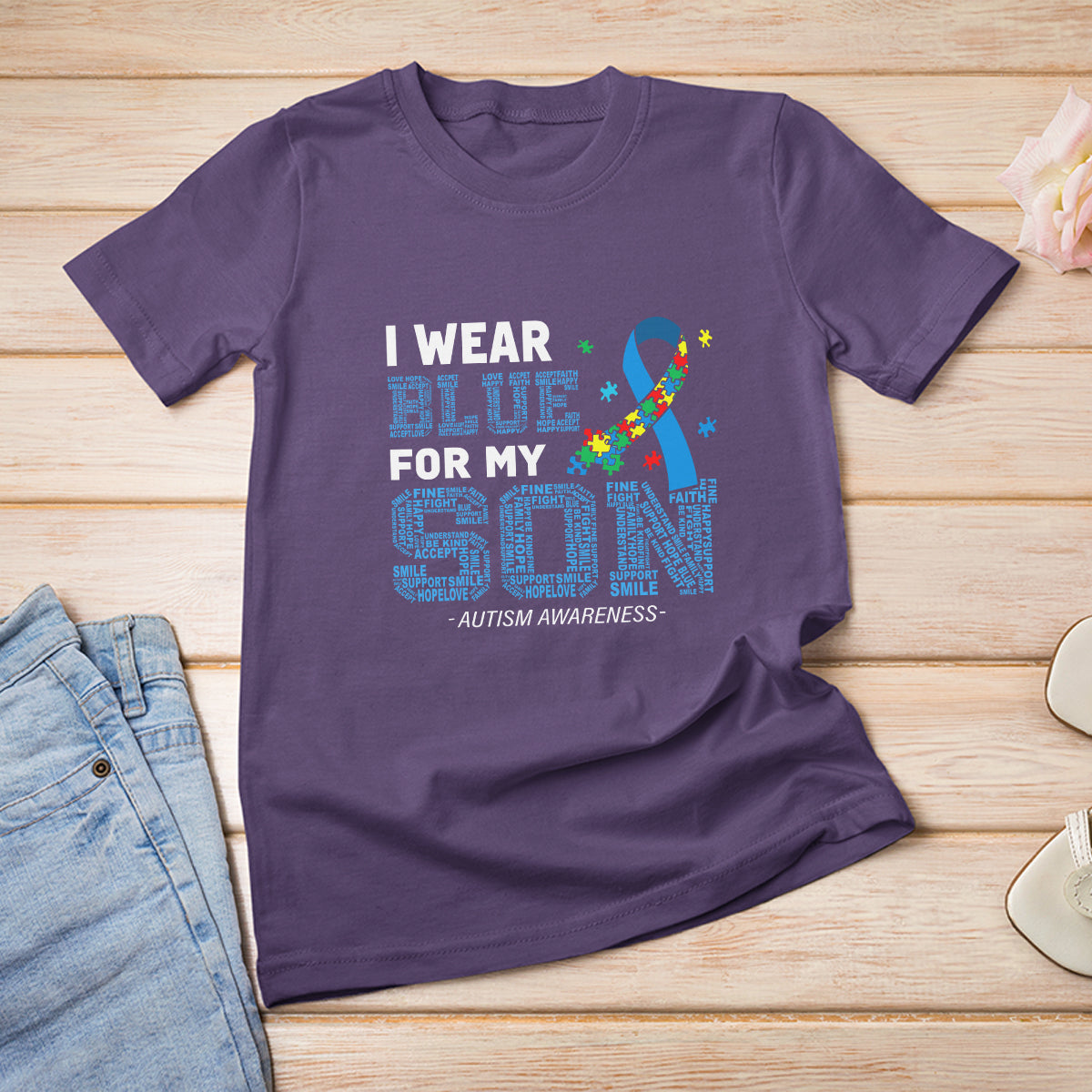 Autism Parents T Shirt For Women I Wear Blue For My Son Family Support Puzzle Blue Ribbon - Wonder Print Shop