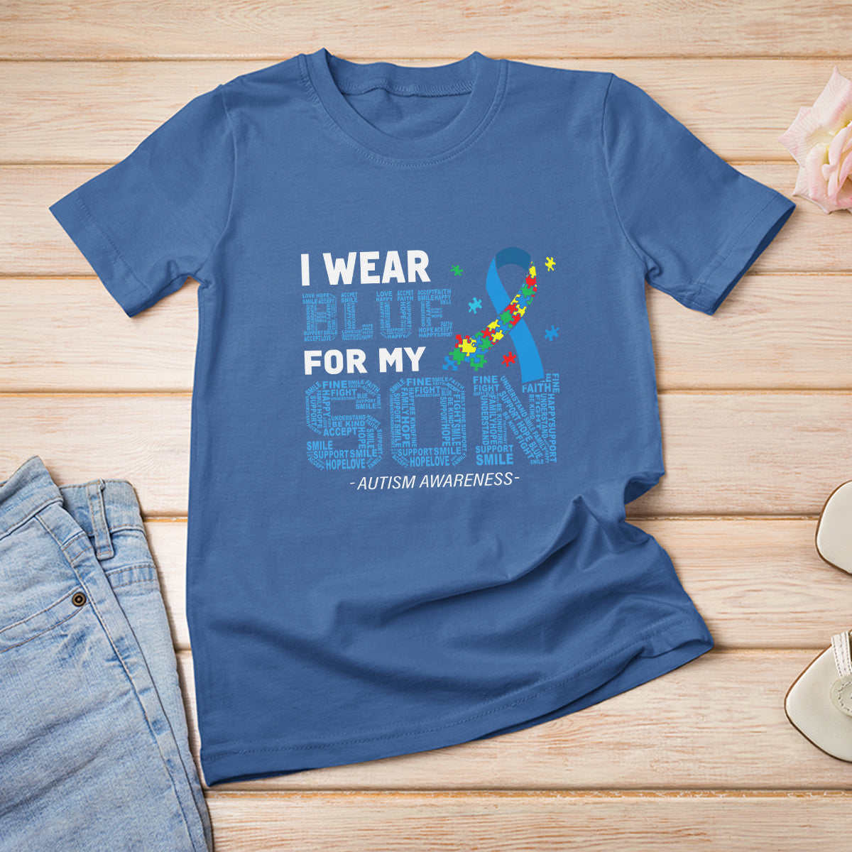Autism Parents T Shirt For Women I Wear Blue For My Son Family Support Puzzle Blue Ribbon - Wonder Print Shop