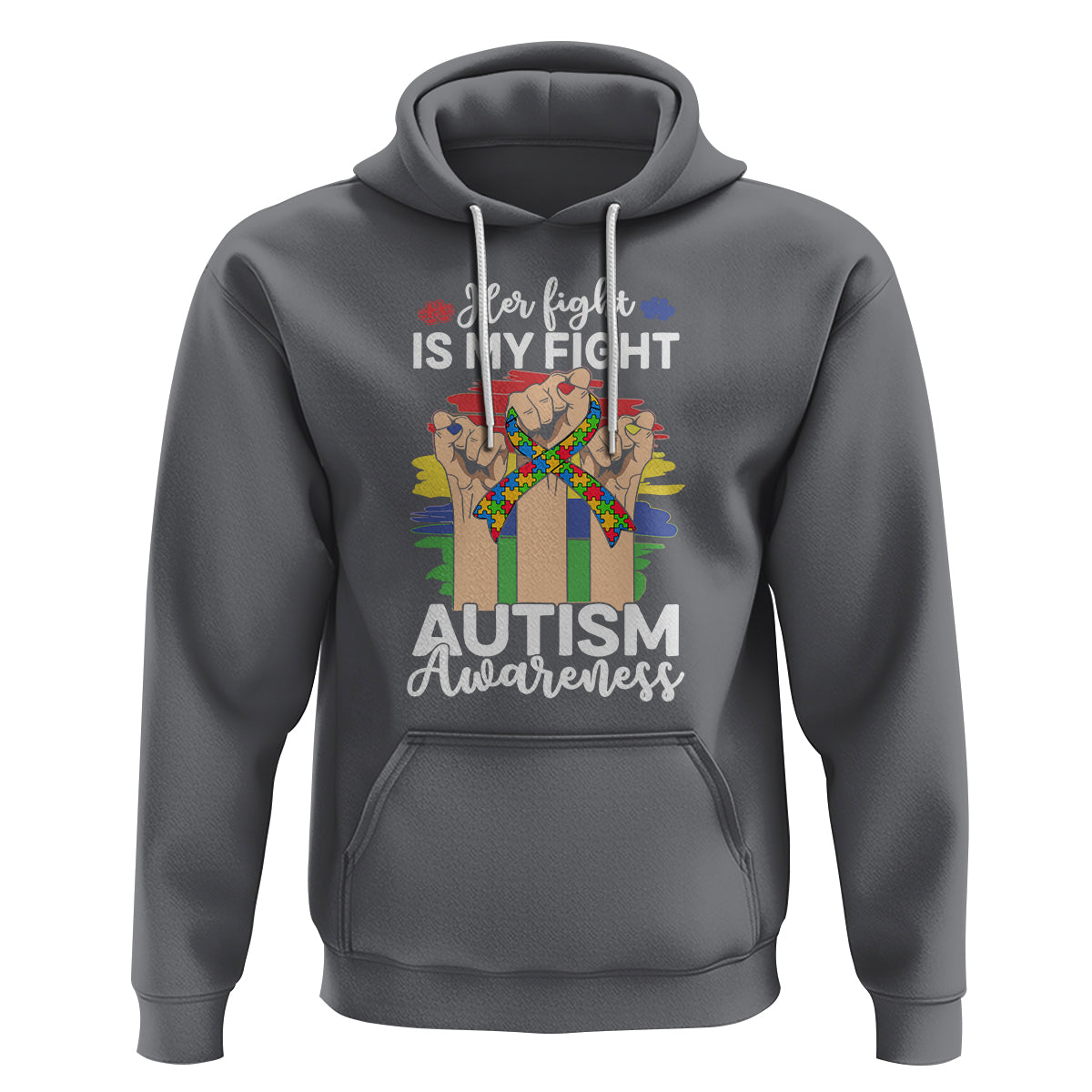 Autism Support Hoodie Her Fight is My Fight Together Puzzle Ribbon Raised Fists - Wonder Print Shop