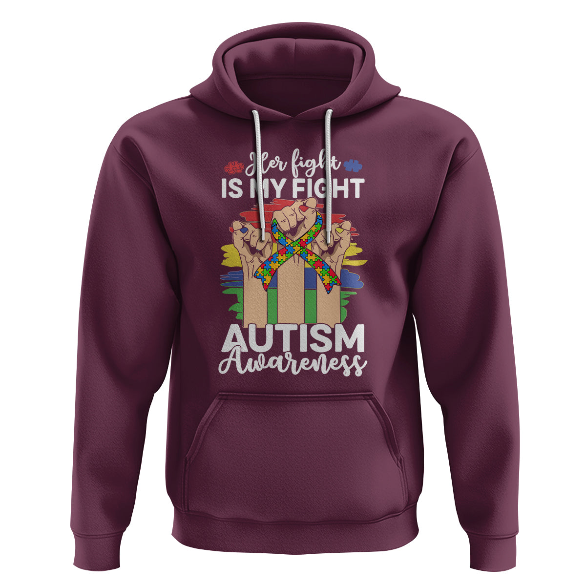Autism Support Hoodie Her Fight is My Fight Together Puzzle Ribbon Raised Fists - Wonder Print Shop
