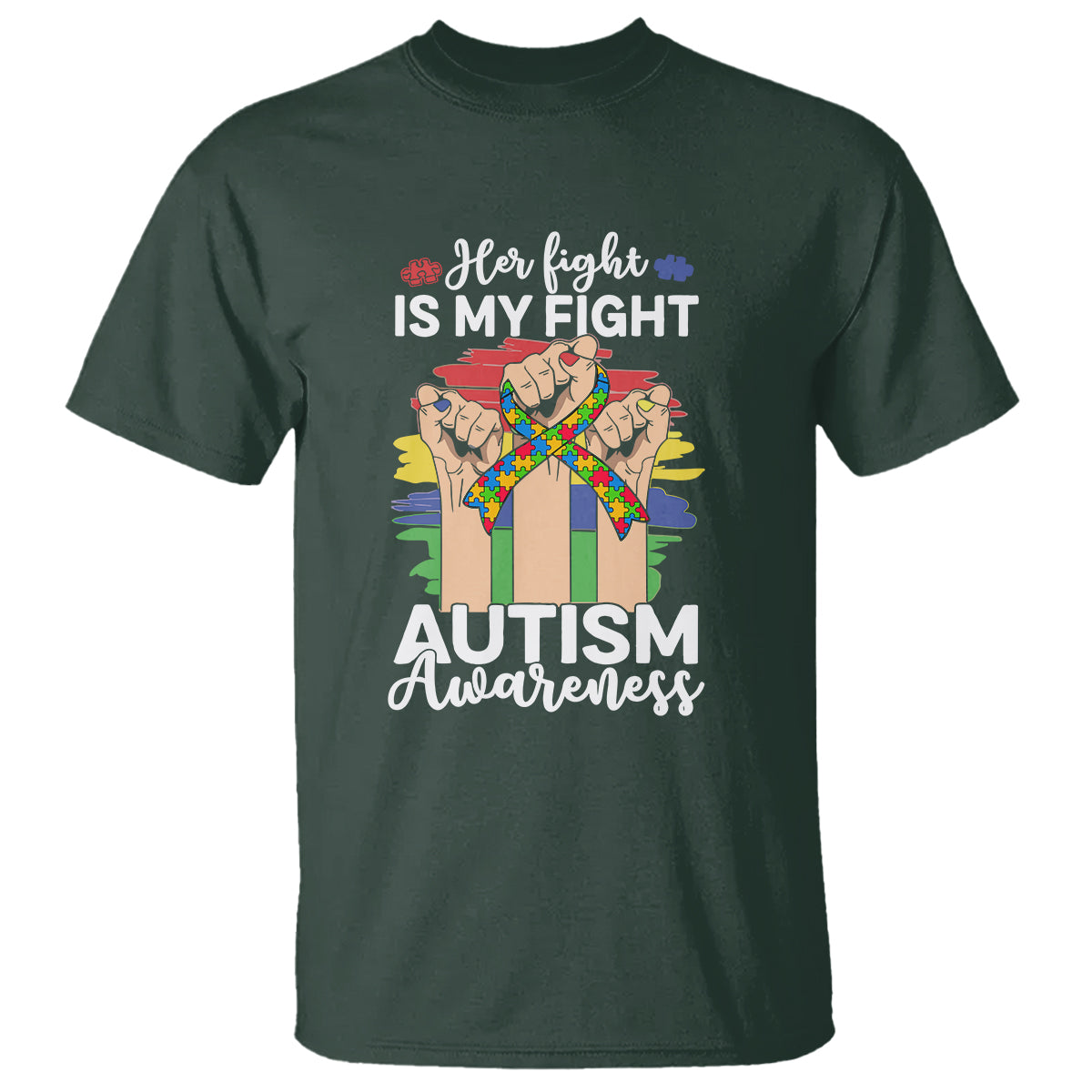 Autism Support T Shirt Her Fight is My Fight Together Puzzle Ribbon Raised Fists - Wonder Print Shop