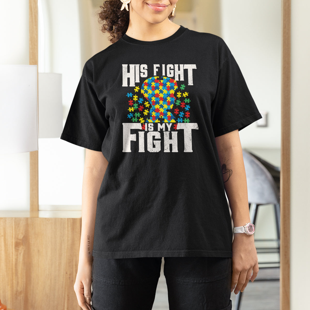Autism Support T Shirt For Women His Fight is My Fight Jig Saw Puzzle Boy - Wonder Print Shop