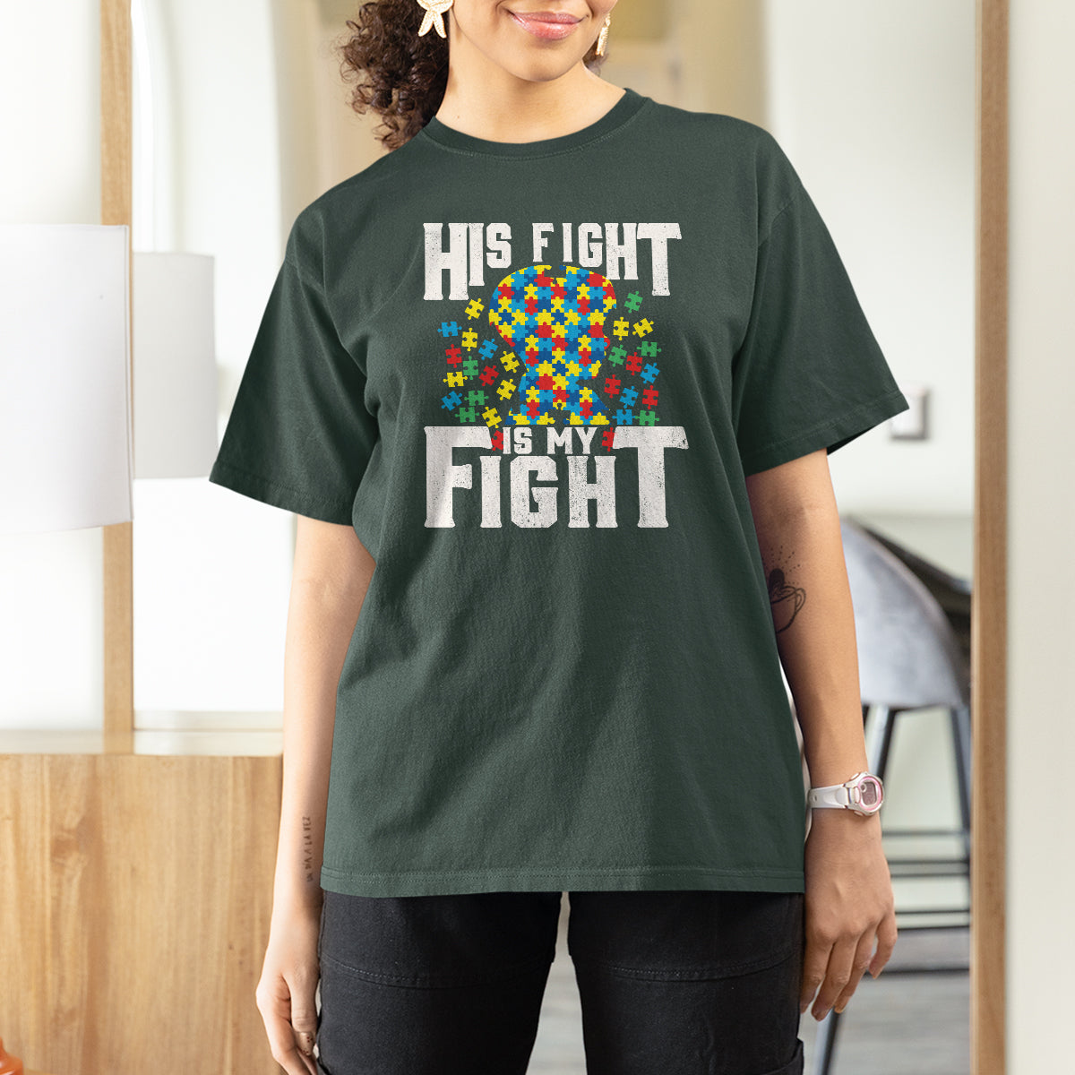 Autism Support T Shirt For Women His Fight is My Fight Jig Saw Puzzle Boy - Wonder Print Shop