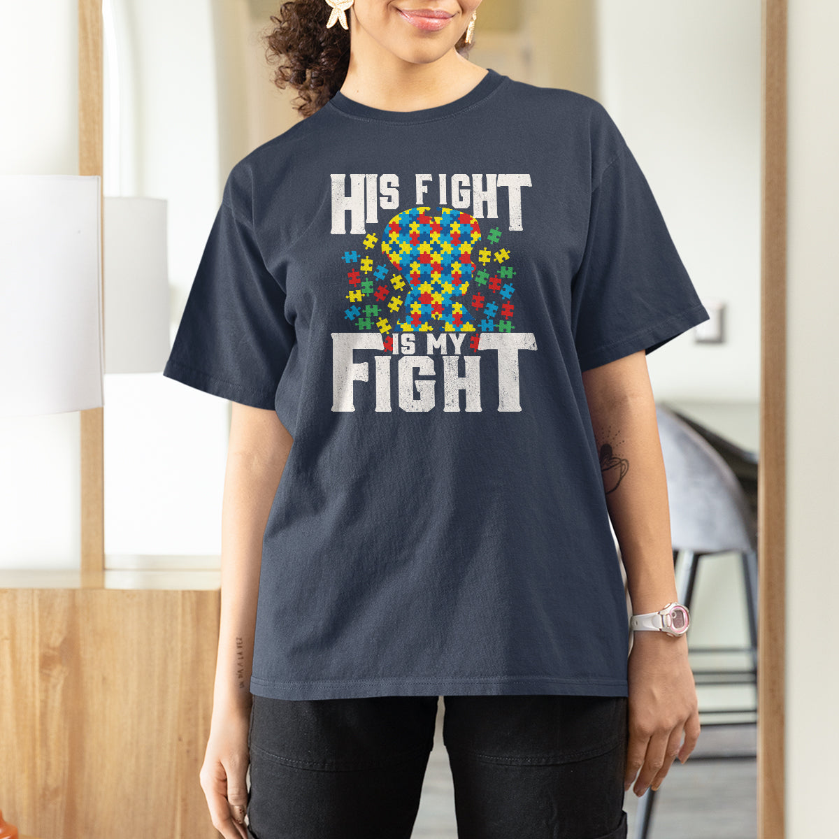 Autism Support T Shirt For Women His Fight is My Fight Jig Saw Puzzle Boy - Wonder Print Shop