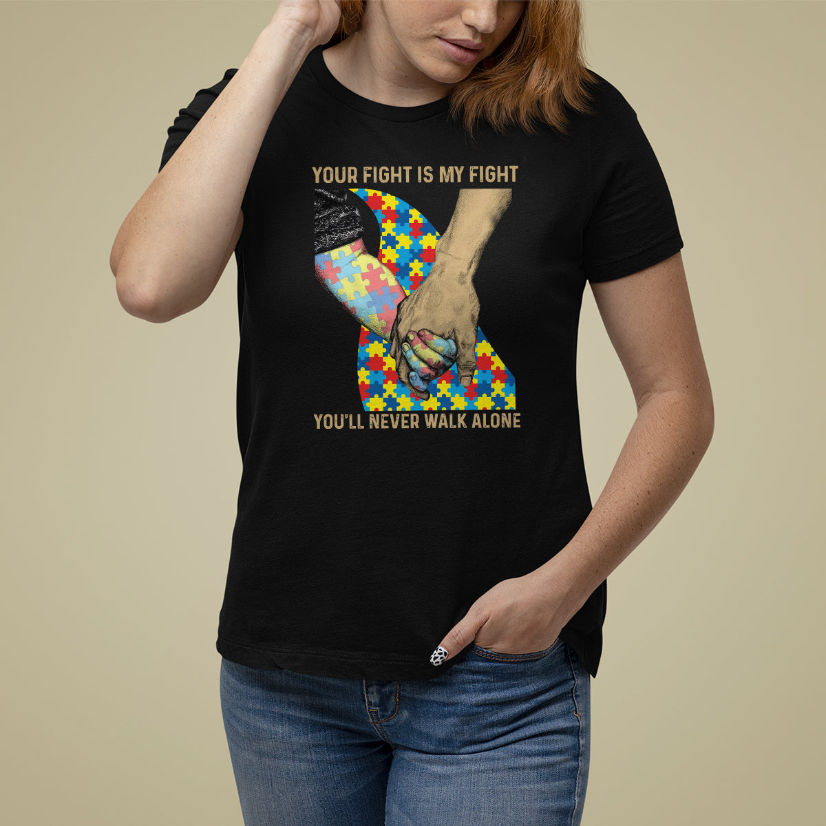 Autism Support T Shirt For Women Your Fight Is My Fight Together Hand In Hand - Wonder Print Shop