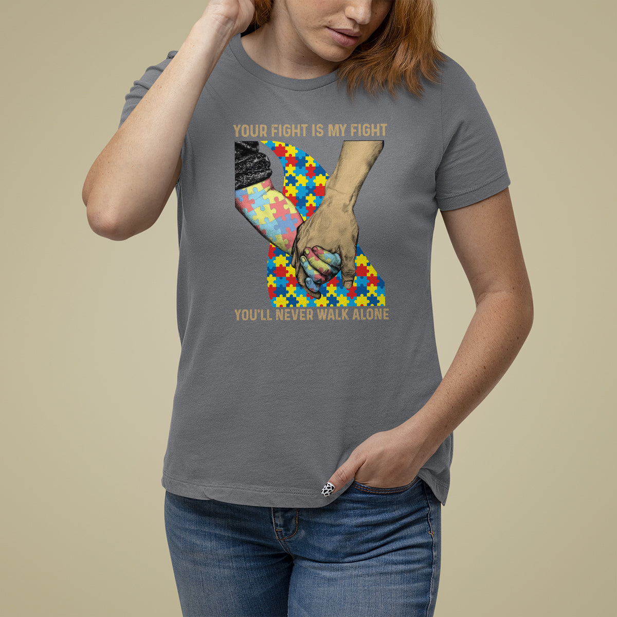 Autism Support T Shirt For Women Your Fight Is My Fight Together Hand In Hand - Wonder Print Shop