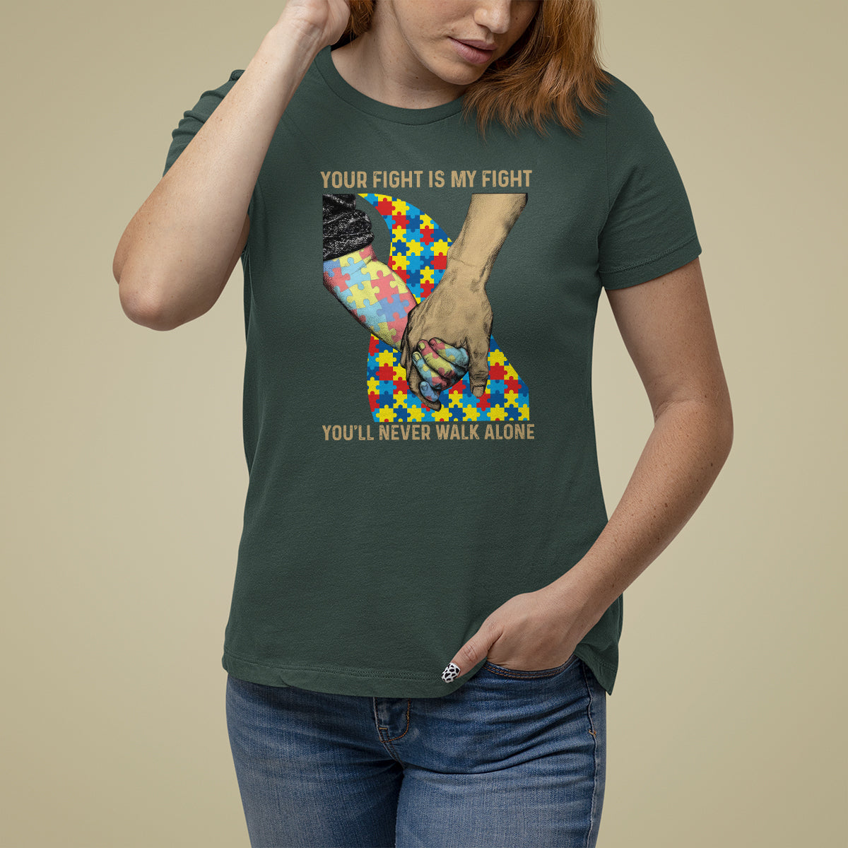 Autism Support T Shirt For Women Your Fight Is My Fight Together Hand In Hand - Wonder Print Shop