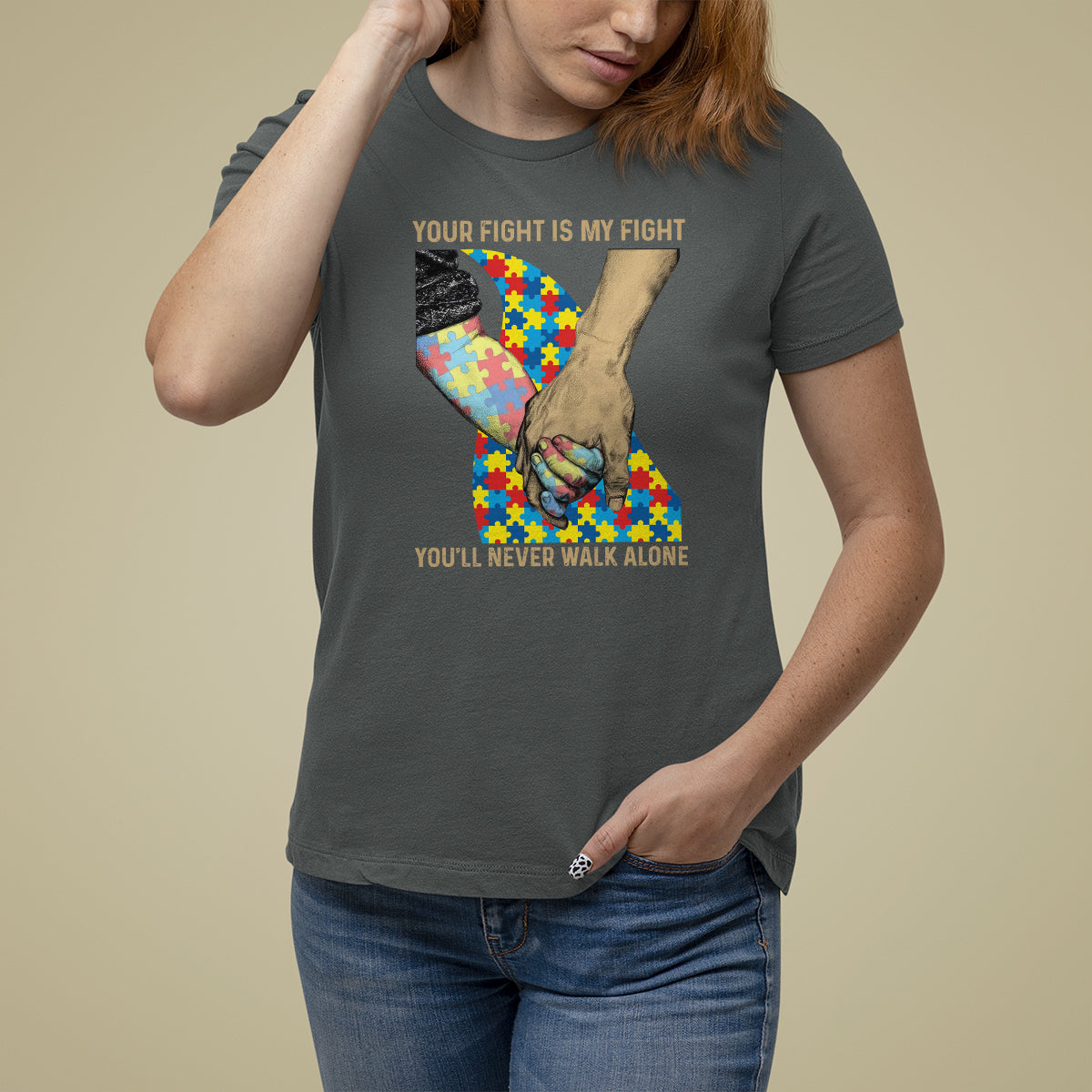 Autism Support T Shirt For Women Your Fight Is My Fight Together Hand In Hand - Wonder Print Shop